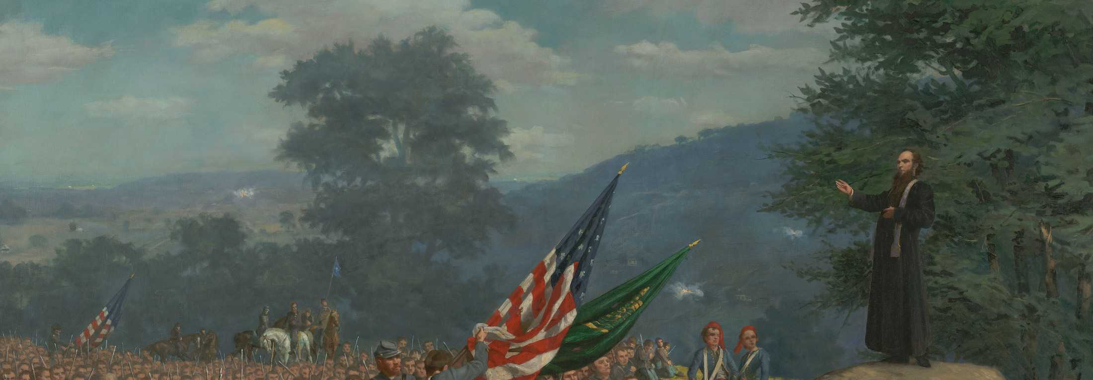 Painting Absolution Underfire by Paul Henry Wood. The painting captures the dramatic moment before the fighting started when Rev. William J. Corby, C.S.C., then chaplain of the 88th New York Regiment, one of five regiments in the legendary Irish Brigade, stood upon a boulder and addressed the troops. Exposing himself to enemy fire, with cannonballs exploding nearby and bullets whistling overhead, Corby exhorted the soldiers to remember the noble cause and sacred nature of their duty.